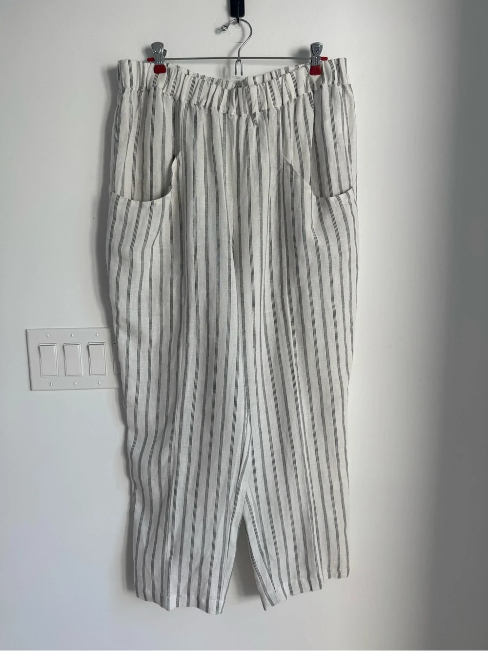 Quince Oatmeal Black Stripe 100% European Linen Tapered Ankle Pants Sz XL